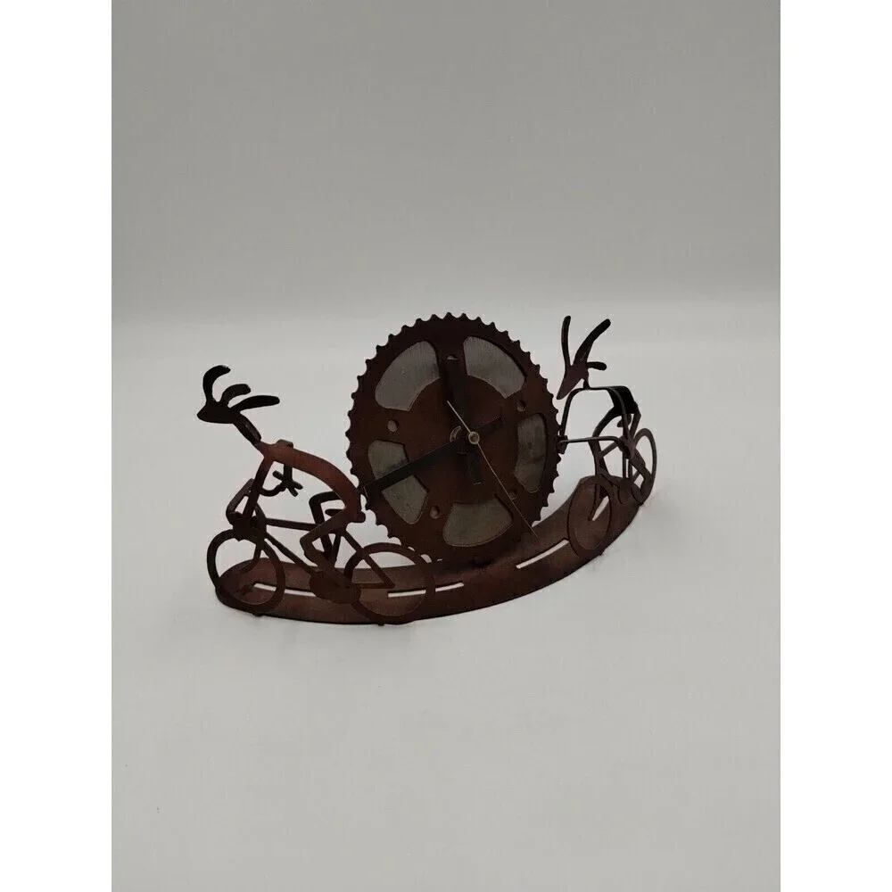 Desk, Mantle, Shelf Gear Gears Clock with Cyclists Bicycles Rust Look Steampunk